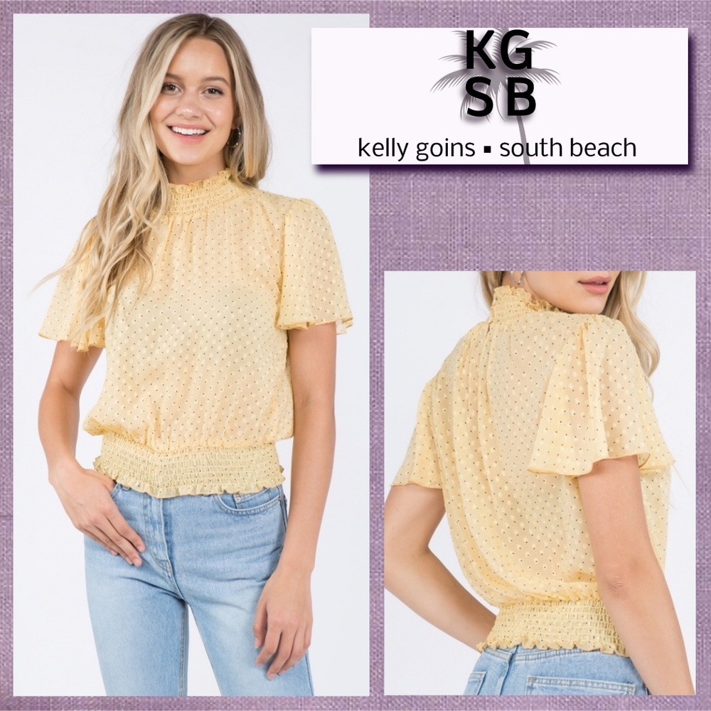 Swiss Dot Chiffon Top Ruffle Bell Sleeves & Smocked Neck & Waist